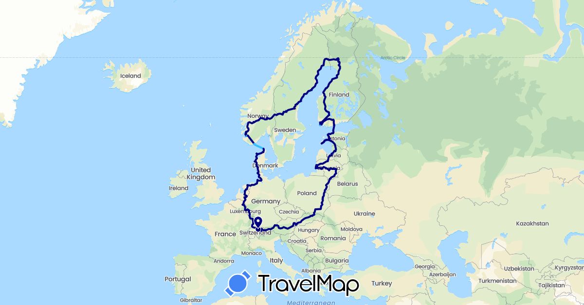 TravelMap itinerary: driving, cycling, hiking, boat in Austria, Switzerland, Germany, Denmark, Estonia, Finland, Lithuania, Latvia, Netherlands, Norway, Poland, Sweden, Slovakia (Europe)
