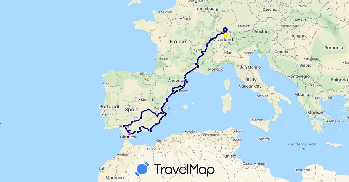 TravelMap itinerary: driving, hiking in Switzerland, Spain, France, Gibraltar (Europe)