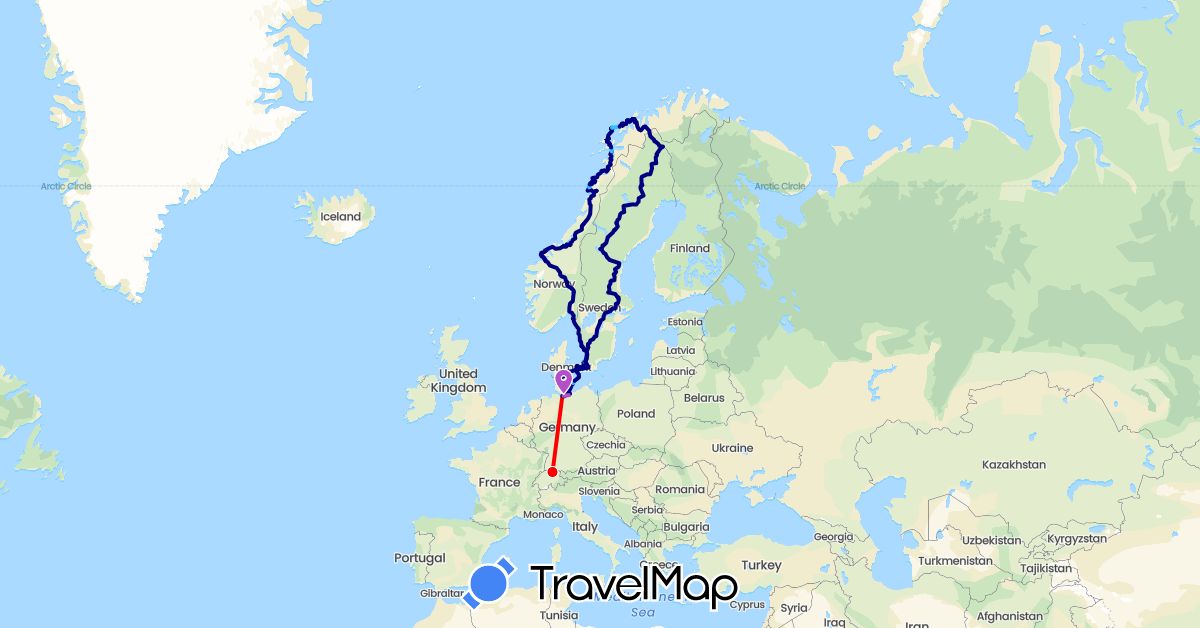 TravelMap itinerary: driving, train, boat, flugzeug in Switzerland, Germany, Denmark, Norway, Sweden (Europe)